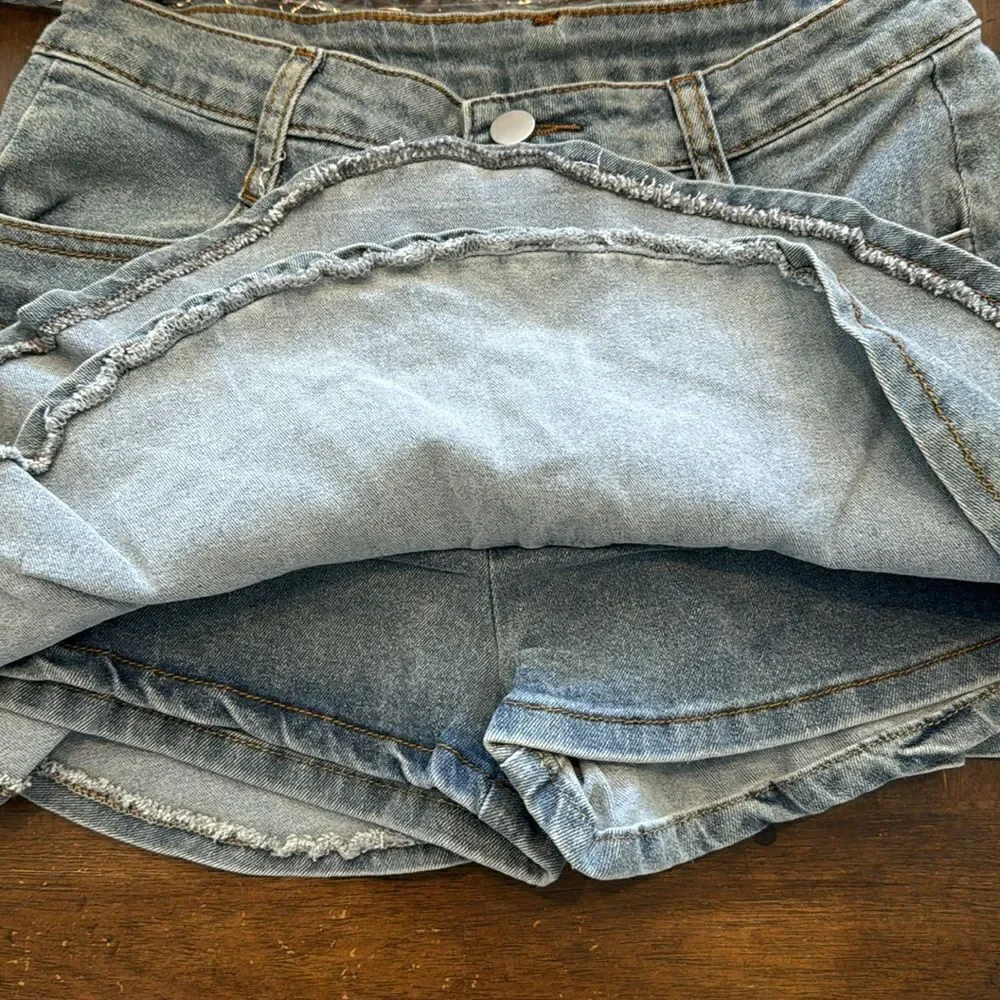 079. RUFFLE DENIM SKIRT WITH HIDDEN SHORTS!